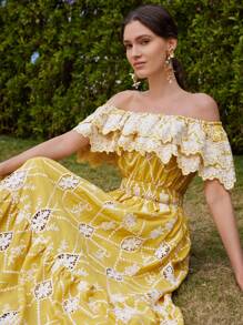 Anewsta 时尚镂空刺绣优雅露肩短袖蕾丝花卉印花连衣裙，适合节日、外出、度假、春季 - 黃色 - 查看 3