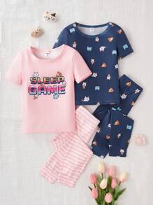 4pcs/Set Young Girl' Mosaic Kitty & Food Print Short Sleeve Shirt And Leggings Snug Fit Spring/Summer - Multicolor - View 1
