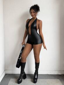 Amplova Y2K 90s Clothes Music  Festival Rave Grunge Punk Fashionable Sexy Deep V-Neck Backless Halter Neck Romper Unitard - Black - View 4