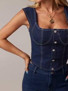 SHEIN Forever 21 夏季/乡村音乐会/乡村音乐会/茶会/优雅/音乐会/休闲女士/夏季/蓝色牛仔上衣 - 藍色 - 查看 5