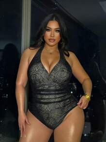 SHEIN Swim Curve Costume da bagno elegante e casual da donna, taglie forti, con arricciature e incrocio sulla parte anteriore, in pizzo