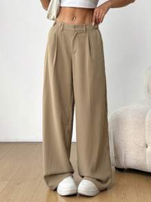 SHEIN EZwear 女士休闲通勤纯色低腰阔腿裤 - 卡其色 - 查看 4