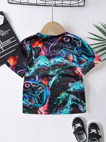 SHEIN T-shirt à col rond pour nouveau-nés/tout-petits garçons avec imprimé graphique numérique/tie-dye coloré, style casual et sportif, printemps/été - Multicolore - Voir 2