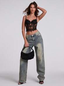 SHEIN BAE Women's Black Lace Corset Crop Top, Spring Vacation Beach Wear - Black - View 1