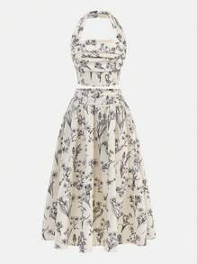 SHEIN Tween Girl 2 Pieces Floral Print Halter Neck Top And Midi Skirt Set