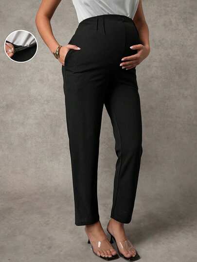 MaterniChic Maternity Solid Color Pocket Adjustable Waist Straight Leg Casual Pants