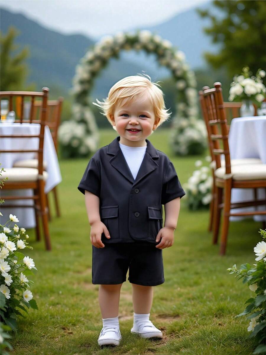 SHEIN Bộ 2 món/Bộ áo sơ mi tay ngắn ve trơn màu cho bé trai và quần short cạp chun - màu đen - Xem 1
