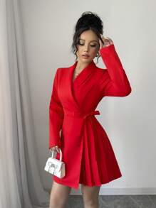 Elenzga 红色优雅女士中长连衣裙，披肩领长袖，系腰，褶皱，通勤时尚，适合节日和情人节 - 紅色 - 查看 5