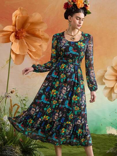 Frida Kahlo X SHEIN 女式花卉印花飘逸长裙，适合夏季度假