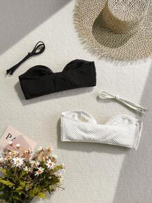 SHEIN Swim 2 sztuki/zestaw damski strój plażowy na wiosnę, letnie stroje, jednolity kolor teksturowanej tkaniny z przodu skręcony bandeau seksowny strój kąpielowy, styl boho festiwalowy