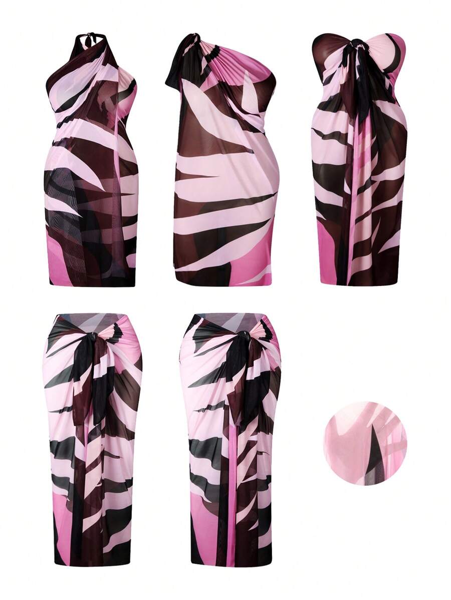 SHEIN Swim Oasis Große Größen Damen Oasis hochwertiger bedruckter Mesh-Lagen-Midirock, für Sommer Strandurlaub