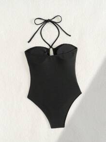 SHEIN Swim 1 pieza Traje de baño de una sola pieza para mujer con textura de punto para vacaciones de verano - Negro - Ver 8