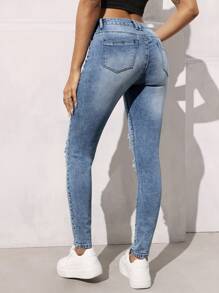 SHEIN EZwear Damen Distressed Pocket Skinny Lässig Vielseitige Jeans - Mittele Waschung - Übersicht 3