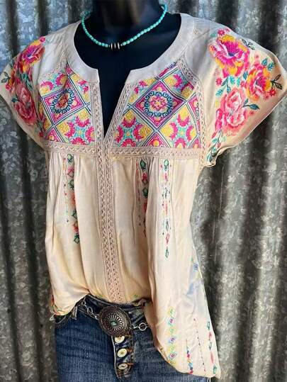 Breezaya Floral Print Notched Neck Blouse