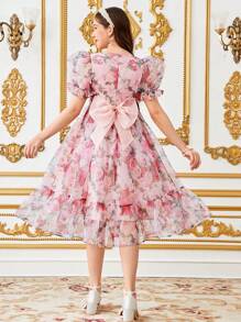 SHEIN Teen Girls' Elegant Floral Print Ruffled Puff Sleeve Dress - Pink - View 1