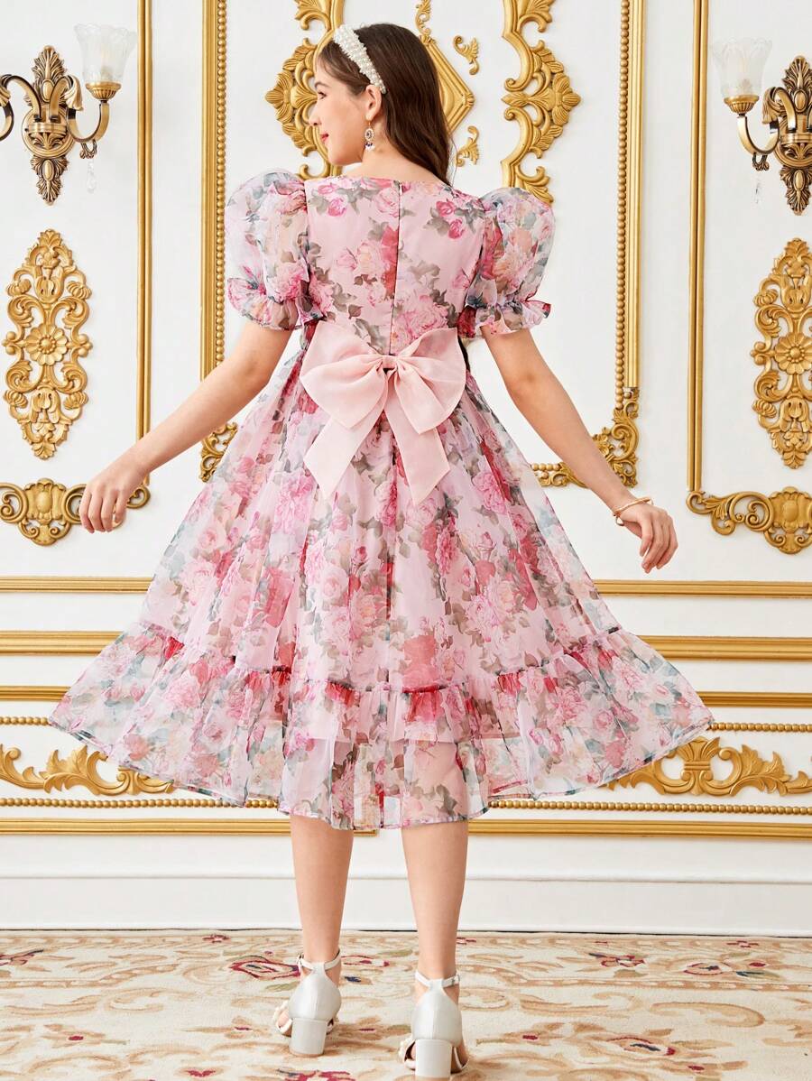 SHEIN Teen Girls' Elegant Floral Print Ruffled Puff Sleeve Dress - Pink - View 1