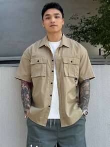 DAZY Summer Khaki Pocket Drawstring Decorated Men's Outdoor Shirt