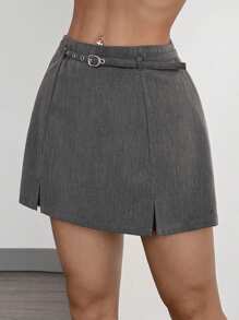 SHEIN EZwear 女士灰色编织短款修身休闲迷你裙 - 灰色 - 查看 3