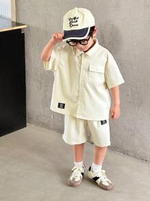 SHEIN Leap Crew 2件装 青春男童 男孩休闲运动 学院街头 日韩 宽松翻领衬衫短裤 适合儿童装 青春男童衣服 返校男童套装 适合生日派对、晚会、演出、婚礼、洗礼、开幕式 日常 适合日常使用 适合上学 适合旅行 适合运动 适合春夏季节 - 杏色 - 查看 1