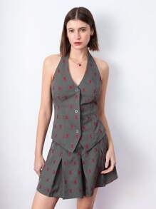 Maija 女士灰色早春 V 领前扣红色蝴蝶结刺绣面料吊带下摆褶皱二合一时尚百搭优雅日常鸡尾酒会连衣裙，适合情人节派对节日 - 灰色 - 查看 4