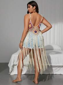 SHEIN Swim Curve 大码女式沙滩罩衫钩针镂空系带流苏连衣裙 - 杏色 - 查看 2