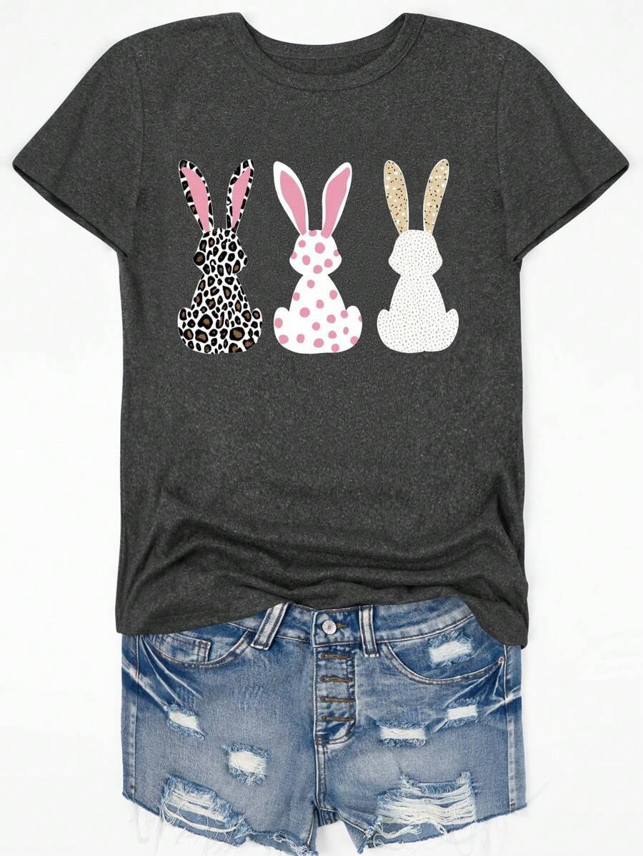 SHEIN Unity 女士豹纹印花和波尔卡圆点复活节图案正面舒适短袖 T 恤，适合居家、旅行、度假休闲 - 深灰色 - 查看 1