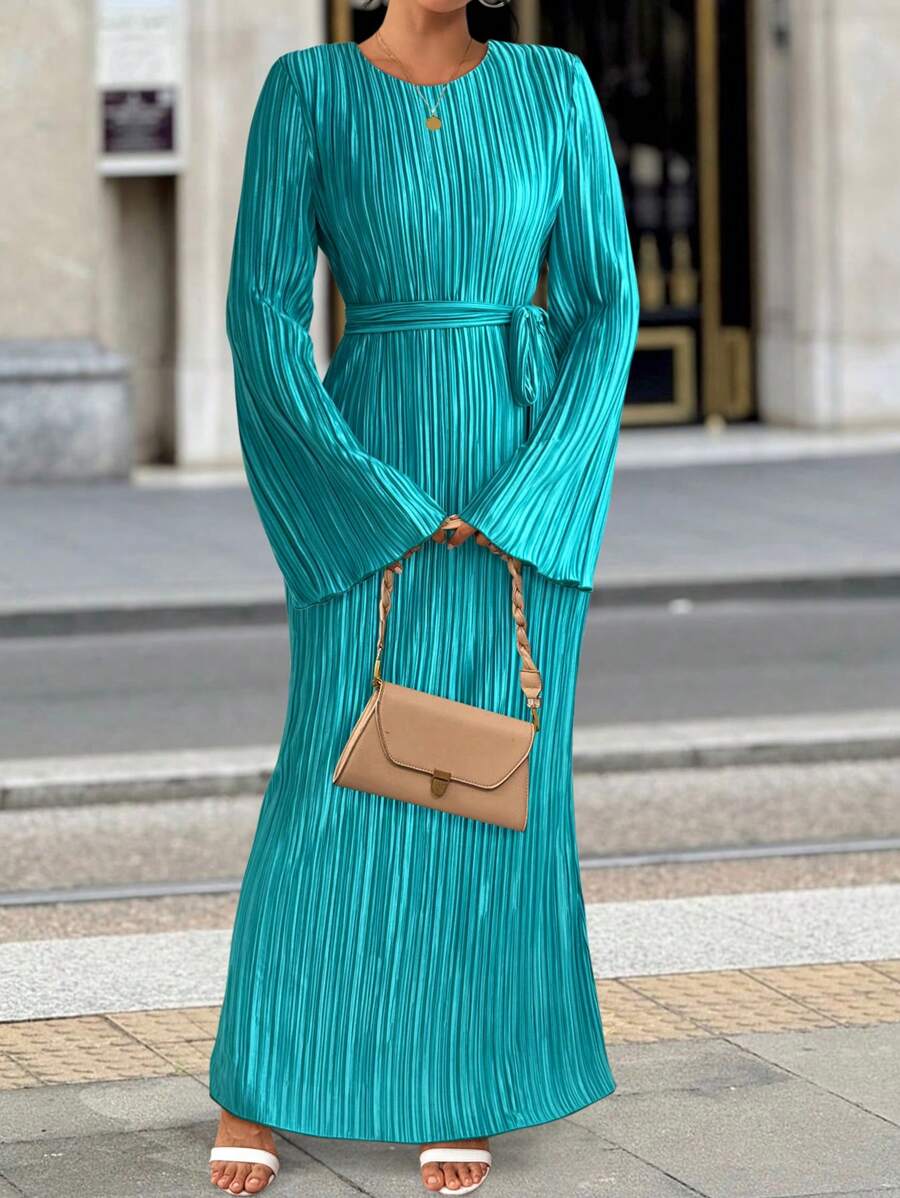 SHEIN Clasi 女士褶皱奢华圆领长袖纯色晚礼服