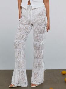 Athîral Women's Floral Lace Tie Waist Long Pants, Summer Festival Style - White - View 2