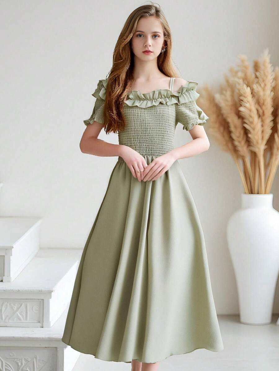 SHEIN Tween Girls Elegant Sage Green Summer Party Dress,Strapless Off Shoulder Tulle Puff Sleeve Bow Formal Short Dresses For Vacation Spring Wear - Green - View 1