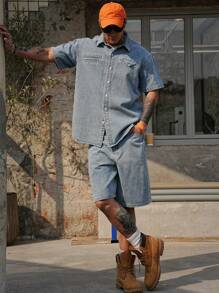 DAZY 男士夏季休闲蓝色衬衫和短裤套装 - 藍色 - 查看 3