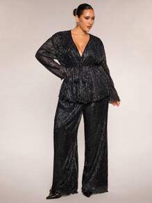 SHEIN BAE Plus Size Women 2 Pieces Set, Loose Black & Silver Long Sleeve Top And Wide-Leg Pants, Suitable For Casual Wear, Night Out, Date, Party, Afternoon Tea, Concert - Black - View 7