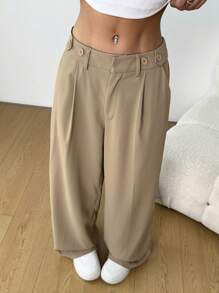 SHEIN EZwear 女士休闲通勤纯色低腰阔腿裤 - 卡其色 - 查看 6