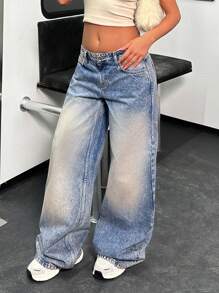 EURMUSE Low Waist Snow Wash Wideleg Jean Simple Fashion Daily Casual - Medium Wash - View 3