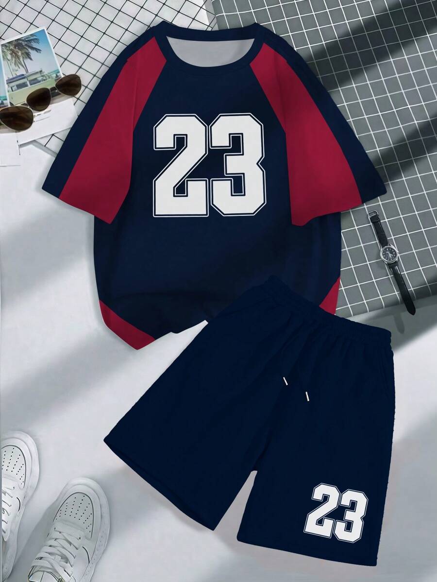 Manfinity Dauomo Men's Solid Color Patchwork Short Sleeve Numeric Print Simple Top And Shorts Set