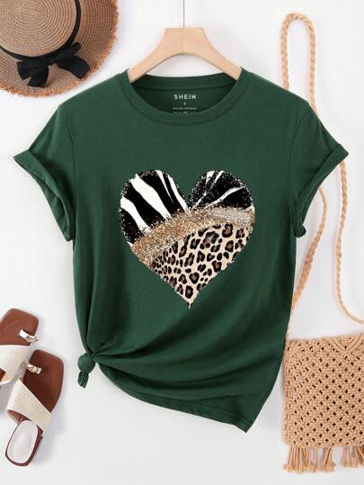 INAWLY Women Leopard Print Heart Graphic Round Neck Casual Short Sleeve T-Shirt