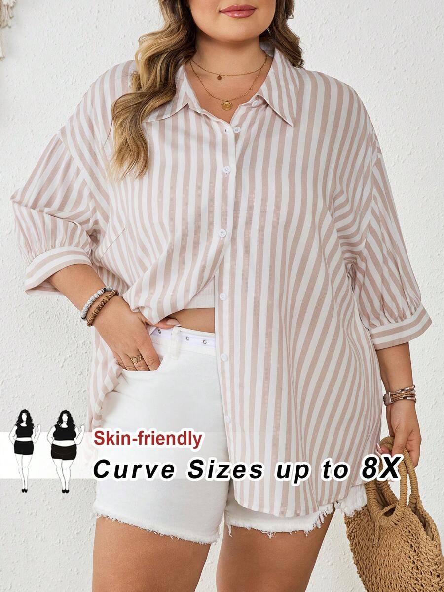 SHEIN CURVE+ 大码女式前扣条纹衬衫，春夏休闲装，休闲衬衫 - 彩色 - 查看 1
