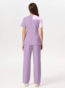 TaskEZ Medical Pajama Uniform Set With Short Sleeve V-Neck Top And Contrasting Pants - Purple Lilac - View 2