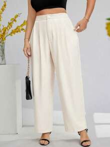 SHEIN LUNE Plus Size Women's Solid Color Simple Daily Casual Pants Fall Cloth For Women - Beige - View 4