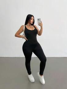 SHEIN MOOSTA Adjustable Strap Fitted Elastic Knit Black Jumpsuit, Long Style For Plus Size Women, European And American Style - Black - View 4