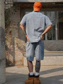 DAZY 男士夏季休闲蓝色衬衫和短裤套装 - 藍色 - 查看 2