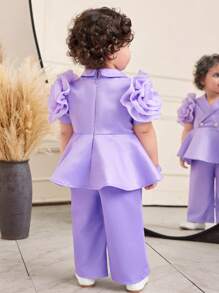 SHEIN Bộ 2 món áo hoa satin tím tay ngắn và quần dài cạp chun cho bé gái, mùa hè - Màu tím - Xem 2