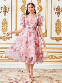 SHEIN Teen Girls' Elegant Floral Print Ruffled Puff Sleeve Dress - Pink - View 3