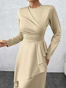 EURMUSE Beige Long Front Detailed Long Going Out Drapy Dress - Beige - View 5