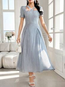 Modelyn Rochie franceză cu mâneci bufante cu gât pătrat, fantez, pentru femei