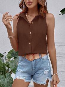 SHEIN Plain Collar Open Front Sleeveless Textured Loose Shirt - Coffee Brown - View 5