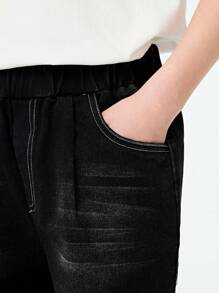 SHEIN Explorewe Tween 男童黑色口袋宽腿宽松洗水牛仔裤，适合日常穿着、派对、滑板、音乐节