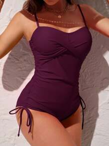 Swim Lushoire 女士纯色交叉抽绳侧边连体泳衣，适合夏季度假