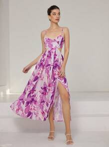 Bloemenprint Cut-Out Taille Split Dij Cami Jurk Vakantie Outfits Vrouw