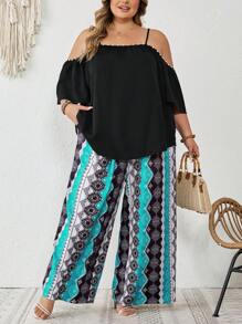 SHEIN CURVE+ Plus Size Women Summer Open Shoulder Short Sleeve Blouse And Floral Print Wide Leg Pants 2 Pieces Set Boho Vacation