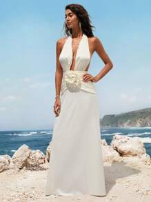 Opulessa Vestido elegante y sexy de mujer con decoración floral 3D y espalda descubierta - Albaricoque - Ver 7
